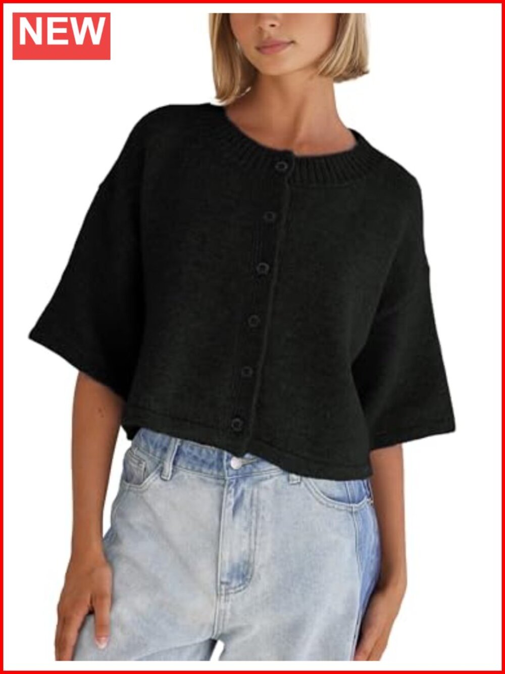 Lightweight Cropped Knit Cardigan Sweater 3/4 Sleeve Button Up Casual